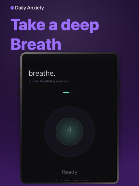 Guided breathing screen with a circular timer counting the 4–2–6 pattern.